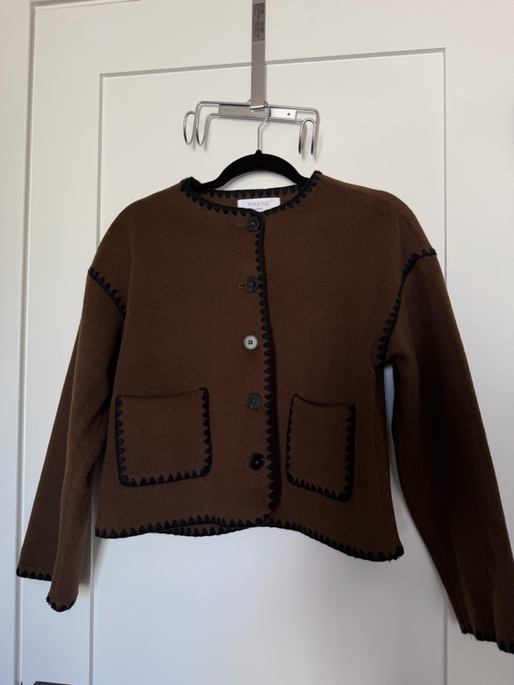 Brown women’s Button-Front Coat with Black Trim